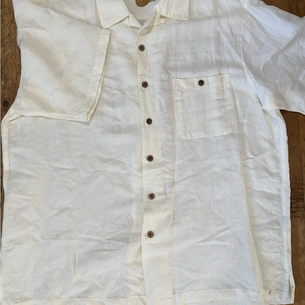 Caribbean Men's Shirt Cream Button Up Short Sleeve Size XL floral Linen/rayon - Picture 2 of 10